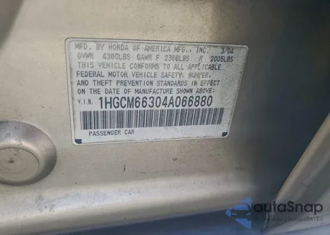 2004 Honda Accord Lx из США, поврежденный, VIN 1HGCM66304A066880